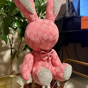 GG Pattern Bunny Plush With Sparkling Bow & Ears